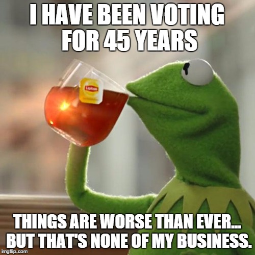 But That's None Of My Business Meme | I HAVE BEEN VOTING FOR 45 YEARS THINGS ARE WORSE THAN EVER... BUT THAT'S NONE OF MY BUSINESS. | image tagged in memes,but thats none of my business,kermit the frog | made w/ Imgflip meme maker