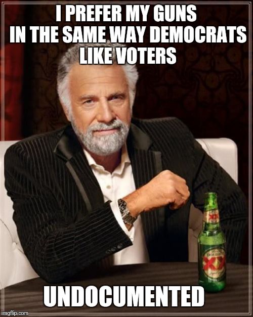 The Most Interesting Man In The World | I PREFER MY GUNS IN THE SAME WAY DEMOCRATS LIKE VOTERS; UNDOCUMENTED | image tagged in memes,the most interesting man in the world | made w/ Imgflip meme maker