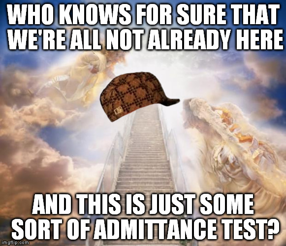 stairs to heaven | WHO KNOWS FOR SURE THAT WE'RE ALL NOT ALREADY HERE; AND THIS IS JUST SOME SORT OF ADMITTANCE TEST? | image tagged in stairs to heaven,scumbag | made w/ Imgflip meme maker