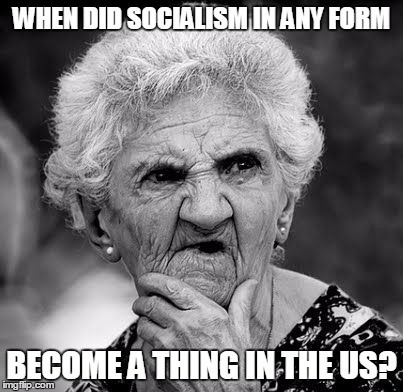 Wondering Old Lady | WHEN DID SOCIALISM IN ANY FORM; BECOME A THING IN THE US? | image tagged in wondering old lady | made w/ Imgflip meme maker