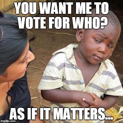 Third World Skeptical Kid Meme | YOU WANT ME TO VOTE FOR WHO? AS IF IT MATTERS... | image tagged in memes,third world skeptical kid | made w/ Imgflip meme maker