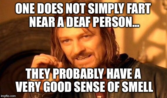 One Does Not Simply Meme | ONE DOES NOT SIMPLY FART NEAR A DEAF PERSON... THEY PROBABLY HAVE A VERY GOOD SENSE OF SMELL | image tagged in memes,one does not simply | made w/ Imgflip meme maker
