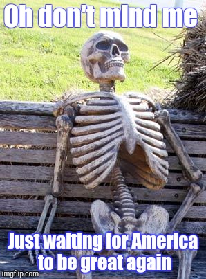 Waiting Skeleton | Oh don't mind me; Just waiting for America to be great again | image tagged in memes,waiting skeleton | made w/ Imgflip meme maker