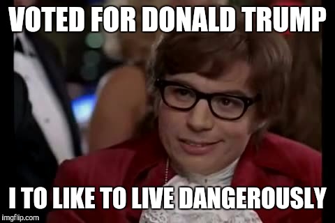 I Too Like To Live Dangerously | VOTED FOR DONALD TRUMP; I TO LIKE TO LIVE DANGEROUSLY | image tagged in memes,i too like to live dangerously | made w/ Imgflip meme maker