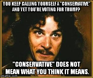 princess bride | YOU KEEP CALLING YOURSELF A "CONSERVATIVE" AND YET YOU'RE VOTING FOR TRUMP? "CONSERVATIVE" DOES NOT MEAN WHAT YOU THINK IT MEANS. | image tagged in princess bride | made w/ Imgflip meme maker