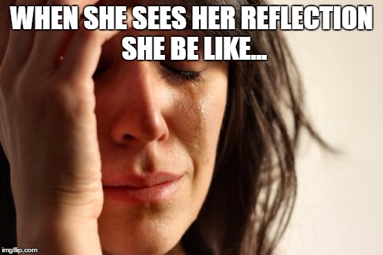 First World Problems | WHEN SHE SEES HER REFLECTION SHE BE LIKE... | image tagged in memes,first world problems | made w/ Imgflip meme maker