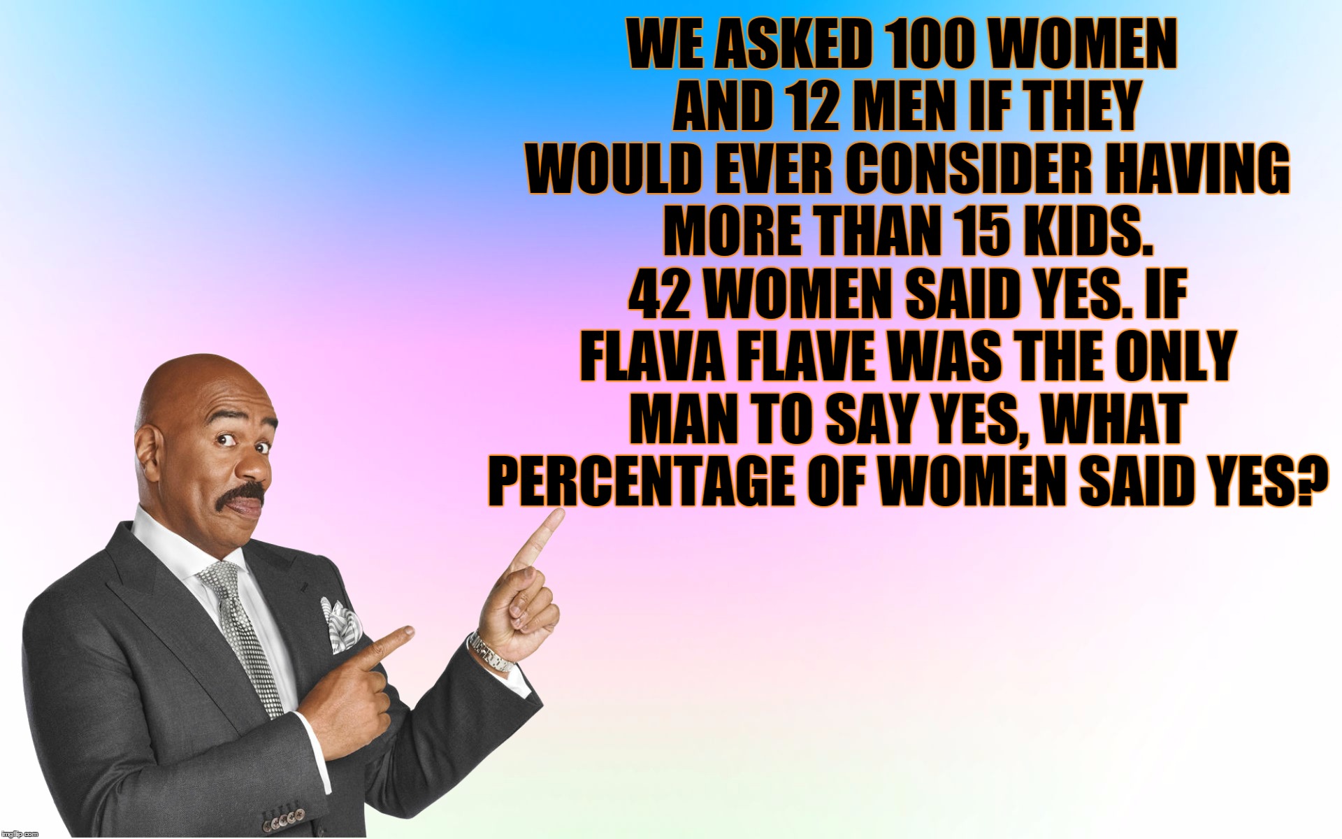 Popping The Ultimate Question Of The Universe | WE ASKED 100 WOMEN AND 12 MEN IF THEY WOULD EVER CONSIDER HAVING MORE THAN 15 KIDS. 42 WOMEN SAID YES. IF FLAVA FLAVE WAS THE ONLY MAN TO SAY YES, WHAT PERCENTAGE OF WOMEN SAID YES? | image tagged in steve harvey,family feud,riddles and brainteasers,math,maths,questions | made w/ Imgflip meme maker