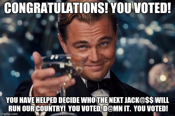 Leonardo Dicaprio Cheers | CONGRATULATIONS! YOU VOTED! YOU HAVE HELPED DECIDE WHO THE NEXT JACK@$$ WILL RUN OUR COUNTRY! 
YOU VOTED, D@MN IT. 
YOU VOTED! | image tagged in memes,leonardo dicaprio cheers | made w/ Imgflip meme maker