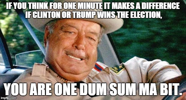 Buford T. Justice | IF YOU THINK FOR ONE MINUTE IT MAKES A DIFFERENCE IF CLINTON OR TRUMP WINS THE ELECTION, YOU ARE ONE DUM SUM MA BIT. | image tagged in buford t justice | made w/ Imgflip meme maker