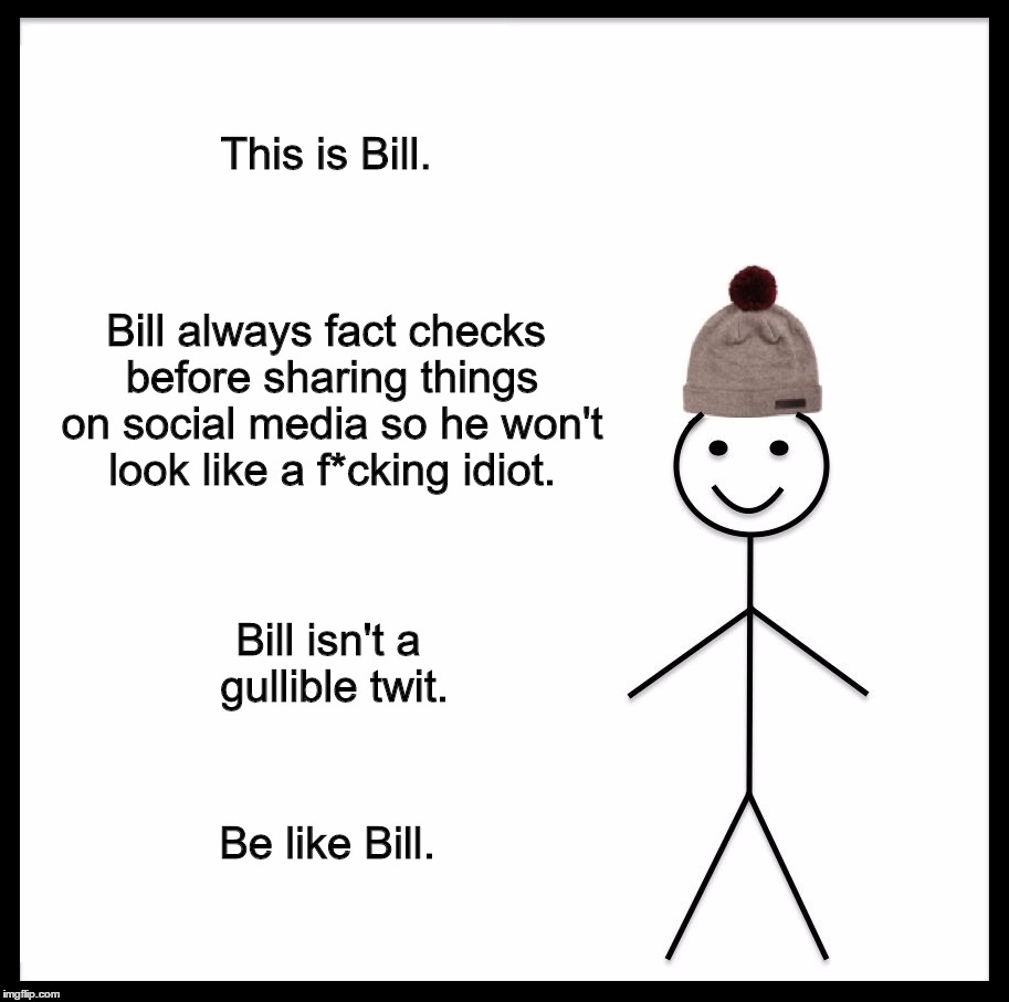 Just another day on Facebook. | This is Bill. Bill always fact checks before sharing things on social media so he won't look like a f*cking idiot. Bill isn't a gullible twit. Be like Bill. | image tagged in memes,be like bill | made w/ Imgflip meme maker