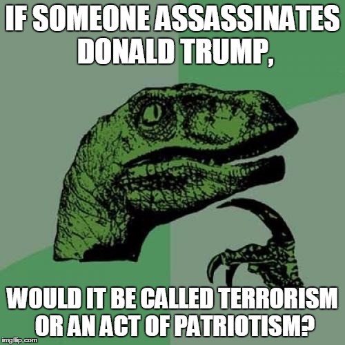 Philosoraptor | IF SOMEONE ASSASSINATES DONALD TRUMP, WOULD IT BE CALLED TERRORISM OR AN ACT OF PATRIOTISM? | image tagged in memes,philosoraptor | made w/ Imgflip meme maker