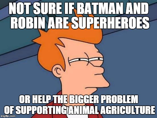 Futurama Fry | NOT SURE IF BATMAN AND ROBIN ARE SUPERHEROES; OR HELP THE BIGGER PROBLEM OF SUPPORTING ANIMAL AGRICULTURE | image tagged in memes,futurama fry | made w/ Imgflip meme maker