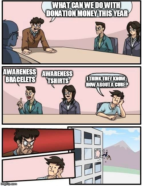 Boardroom Meeting Suggestion Meme | WHAT CAN WE DO WITH DONATION MONEY THIS YEAR AWARENESS BRACELETS AWARENESS TSHIRTS I THINK THEY KNOW. HOW ABOUT A CURE? | image tagged in memes,boardroom meeting suggestion | made w/ Imgflip meme maker