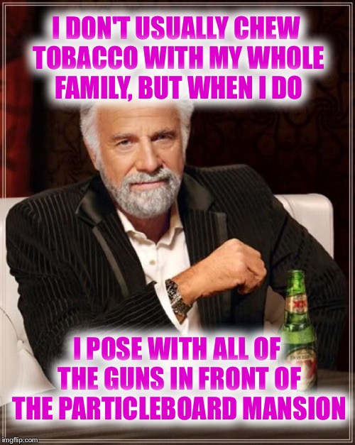 The Most Interesting Man In The World Meme | I DON'T USUALLY CHEW TOBACCO WITH MY WHOLE FAMILY, BUT WHEN I DO I POSE WITH ALL OF THE GUNS IN FRONT OF THE PARTICLEBOARD MANSION | image tagged in memes,the most interesting man in the world | made w/ Imgflip meme maker