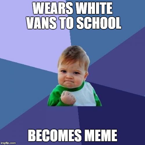 Success Kid Meme |  WEARS WHITE VANS TO SCHOOL; BECOMES MEME | image tagged in memes,success kid | made w/ Imgflip meme maker