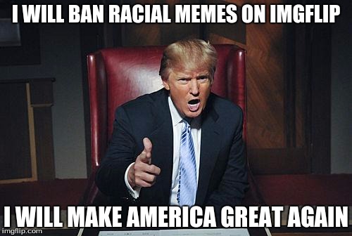 Seriously though. | I WILL BAN RACIAL MEMES ON IMGFLIP; I WILL MAKE AMERICA GREAT AGAIN | image tagged in donald trump you're fired,racism,not racist,donald trump | made w/ Imgflip meme maker