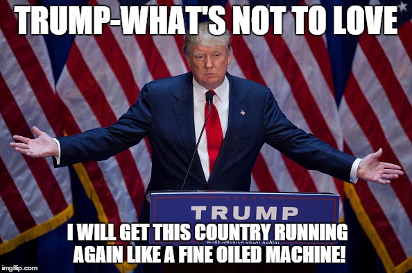 Donald Trump | TRUMP-WHAT'S NOT TO LOVE; I WILL GET THIS COUNTRY RUNNING AGAIN LIKE A FINE OILED MACHINE! | image tagged in donald trump,trump,election 2016,america | made w/ Imgflip meme maker