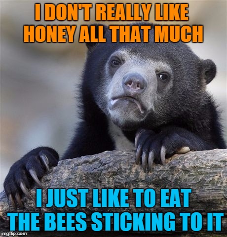 Confession Bear | I DON'T REALLY LIKE HONEY ALL THAT MUCH; I JUST LIKE TO EAT THE BEES STICKING TO IT | image tagged in memes,confession bear | made w/ Imgflip meme maker