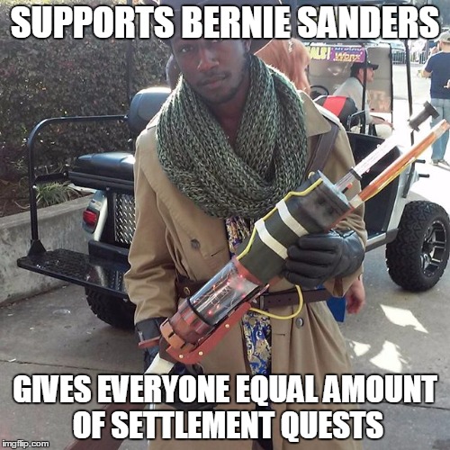  SUPPORTS BERNIE SANDERS; GIVES EVERYONE EQUAL AMOUNT OF SETTLEMENT QUESTS | image tagged in preston garvey | made w/ Imgflip meme maker