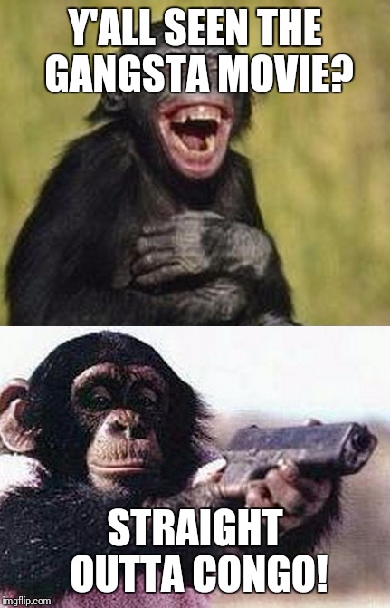 Monkeys | Y'ALL SEEN THE GANGSTA MOVIE? STRAIGHT OUTTA CONGO! | image tagged in monkeys | made w/ Imgflip meme maker