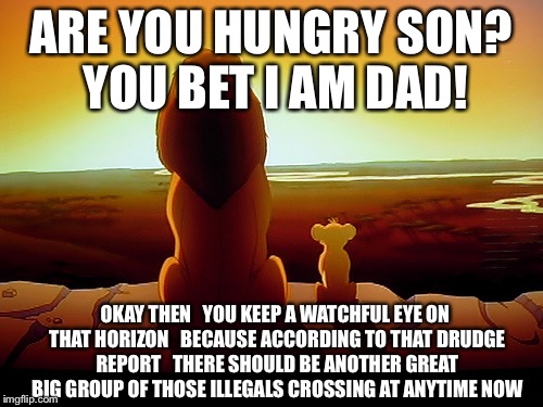 Lion King SimbaNala Cartel | ARE YOU HUNGRY SON? YOU BET I AM DAD! OKAY THEN   YOU KEEP A WATCHFUL EYE ON THAT HORIZON   BECAUSE ACCORDING TO THAT DRUDGE REPORT   THERE SHOULD BE ANOTHER GREAT BIG GROUP OF THOSE ILLEGALS CROSSING AT ANYTIME NOW | image tagged in memes,lion king,funny memes,illegal immigration,mexican gang members | made w/ Imgflip meme maker