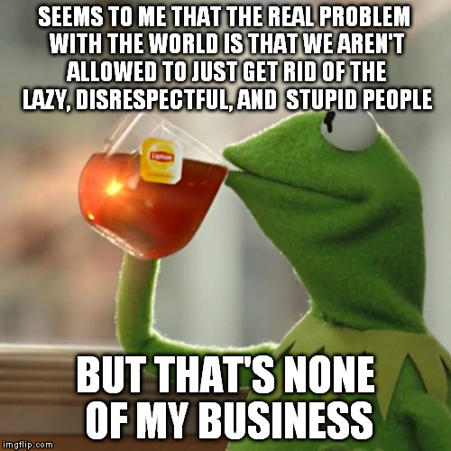 The herd needs thinned | SEEMS TO ME THAT THE REAL PROBLEM WITH THE WORLD IS THAT WE AREN'T ALLOWED TO JUST GET RID OF THE LAZY, DISRESPECTFUL, AND  STUPID PEOPLE; BUT THAT'S NONE OF MY BUSINESS | image tagged in memes,but thats none of my business,kermit the frog | made w/ Imgflip meme maker
