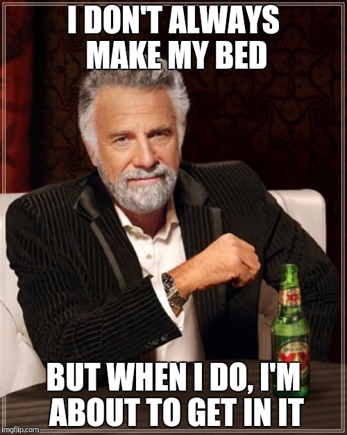 The Most Interesting Man In The World | I DON'T ALWAYS MAKE MY BED; BUT WHEN I DO, I'M ABOUT TO GET IN IT | image tagged in memes,the most interesting man in the world | made w/ Imgflip meme maker
