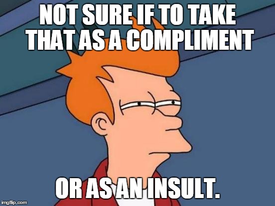 Futurama Fry Meme | NOT SURE IF TO TAKE THAT AS A COMPLIMENT OR AS AN INSULT. | image tagged in memes,futurama fry | made w/ Imgflip meme maker