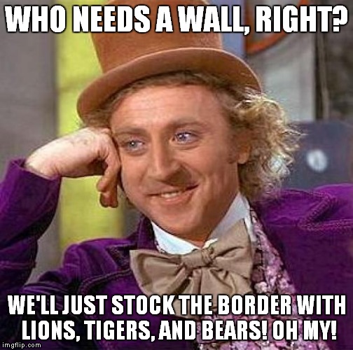 Creepy Condescending Wonka Meme | WHO NEEDS A WALL, RIGHT? WE'LL JUST STOCK THE BORDER WITH LIONS, TIGERS, AND BEARS! OH MY! | image tagged in memes,creepy condescending wonka | made w/ Imgflip meme maker