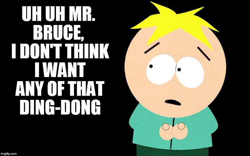 Butters | UH UH MR. BRUCE,
 I DON'T THINK I WANT ANY OF THAT DING-DONG | image tagged in butters | made w/ Imgflip meme maker
