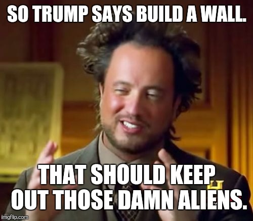 Ancient Aliens Meme | SO TRUMP SAYS BUILD A WALL. THAT SHOULD KEEP OUT THOSE DAMN ALIENS. | image tagged in memes,ancient aliens | made w/ Imgflip meme maker