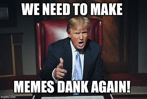Donald Trump You're Fired | WE NEED TO MAKE; MEMES DANK AGAIN! | image tagged in donald trump you're fired | made w/ Imgflip meme maker