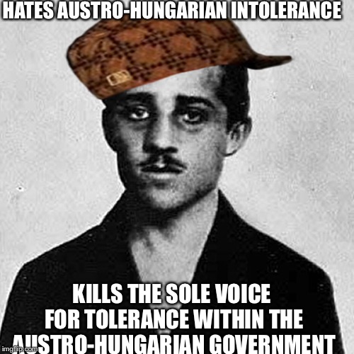 Gravilo princip | HATES AUSTRO-HUNGARIAN INTOLERANCE; KILLS THE SOLE VOICE FOR TOLERANCE WITHIN THE AUSTRO-HUNGARIAN GOVERNMENT | image tagged in world war i | made w/ Imgflip meme maker