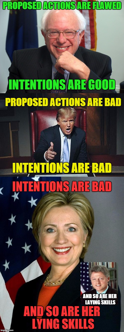 A Bernie, a Trump, and two Clintons | PROPOSED ACTIONS ARE FLAWED; INTENTIONS ARE GOOD; PROPOSED ACTIONS ARE BAD; INTENTIONS ARE BAD; INTENTIONS ARE BAD; AND SO ARE HER LAYING SKILLS; AND SO ARE HER LYING SKILLS | image tagged in bernie sanders,donald trump,hillary clinton,bill clinton | made w/ Imgflip meme maker