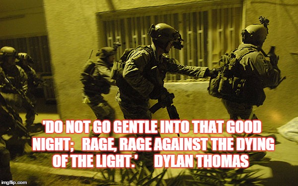 house penetration | 'DO NOT GO GENTLE INTO THAT GOOD NIGHT;  
RAGE, RAGE AGAINST THE DYING OF THE LIGHT.'      DYLAN THOMAS | image tagged in military | made w/ Imgflip meme maker