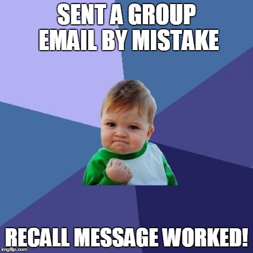 Success Kid | SENT A GROUP EMAIL BY MISTAKE; RECALL MESSAGE WORKED! | image tagged in memes,success kid,AdviceAnimals | made w/ Imgflip meme maker