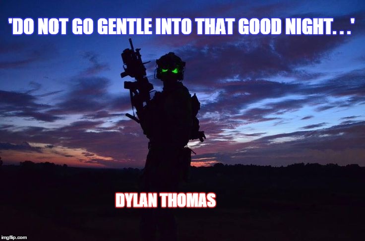 night ops  | 'DO NOT GO GENTLE INTO THAT GOOD NIGHT. . .'; DYLAN THOMAS | image tagged in military | made w/ Imgflip meme maker