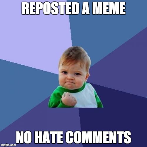 Success Kid | REPOSTED A MEME; NO HATE COMMENTS | image tagged in memes,success kid | made w/ Imgflip meme maker