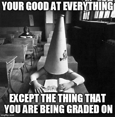 YOUR GOOD AT EVERYTHING EXCEPT THE THING THAT YOU ARE BEING GRADED ON | image tagged in dunce cap | made w/ Imgflip meme maker