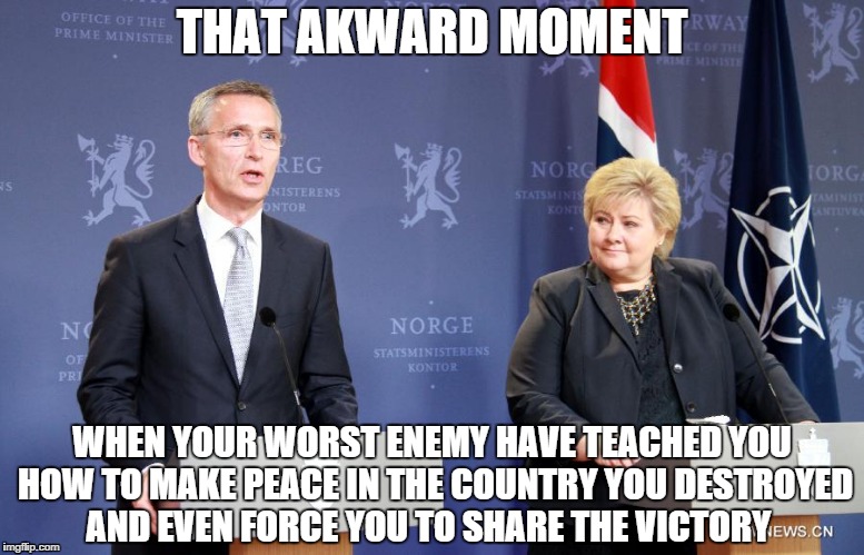 THAT AKWARD MOMENT; WHEN YOUR WORST ENEMY HAVE TEACHED YOU HOW TO MAKE PEACE IN THE COUNTRY YOU DESTROYED AND EVEN FORCE YOU TO SHARE THE VICTORY | image tagged in russia,nato,syria,peace | made w/ Imgflip meme maker