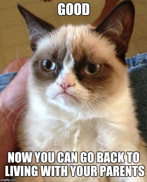 Grumpy Cat Meme | GOOD NOW YOU CAN GO BACK TO LIVING WITH YOUR PARENTS | image tagged in memes,grumpy cat | made w/ Imgflip meme maker