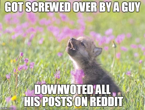 Baby Insanity Wolf | GOT SCREWED OVER BY A GUY; DOWNVOTED ALL HIS POSTS ON REDDIT | image tagged in memes,baby insanity wolf,AdviceAnimals | made w/ Imgflip meme maker