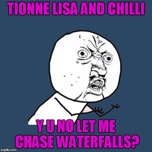 Y U No Meme | TIONNE LISA AND CHILLI Y U NO LET ME CHASE WATERFALLS? | image tagged in memes,y u no | made w/ Imgflip meme maker