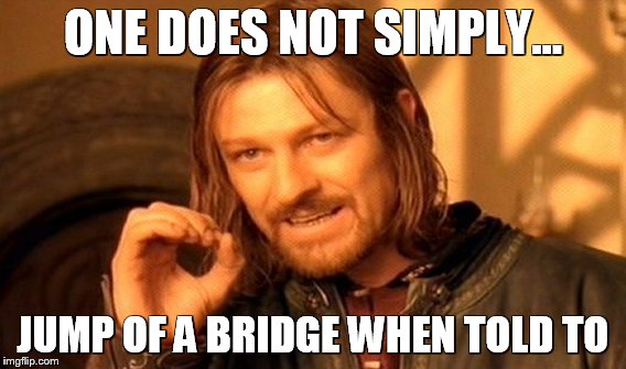 One Does Not Simply Meme | ONE DOES NOT SIMPLY... JUMP OF A BRIDGE WHEN TOLD TO | image tagged in memes,one does not simply | made w/ Imgflip meme maker