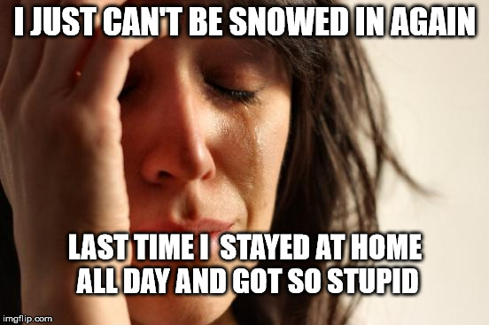 First World Problems | I JUST CAN'T BE SNOWED IN AGAIN; LAST TIME I  STAYED AT HOME ALL DAY AND GOT SO STUPID | image tagged in memes,first world problems | made w/ Imgflip meme maker