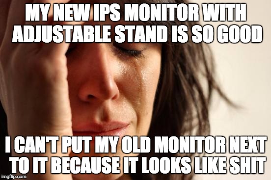 First World Problems Meme | MY NEW IPS MONITOR WITH ADJUSTABLE STAND IS SO GOOD; I CAN'T PUT MY OLD MONITOR NEXT TO IT BECAUSE IT LOOKS LIKE SHIT | image tagged in memes,first world problems,AdviceAnimals | made w/ Imgflip meme maker