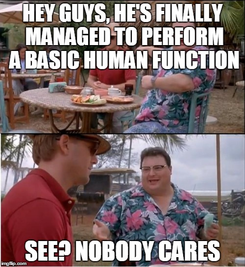 See Nobody Cares Meme | HEY GUYS, HE'S FINALLY MANAGED TO PERFORM A BASIC HUMAN FUNCTION; SEE? NOBODY CARES | image tagged in memes,see nobody cares | made w/ Imgflip meme maker