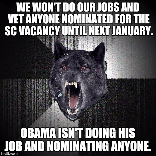 Insanity Wolf Meme | WE WON'T DO OUR JOBS AND VET ANYONE NOMINATED FOR THE SC VACANCY UNTIL NEXT JANUARY. OBAMA ISN'T DOING HIS JOB AND NOMINATING ANYONE. | image tagged in memes,insanity wolf,AdviceAnimals | made w/ Imgflip meme maker