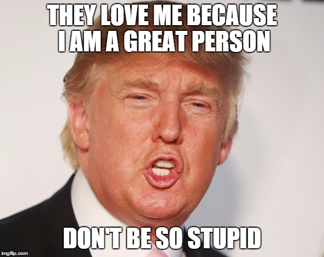 Donald Trump | THEY LOVE ME BECAUSE I AM A GREAT PERSON; DON'T BE SO STUPID | image tagged in donald trump | made w/ Imgflip meme maker