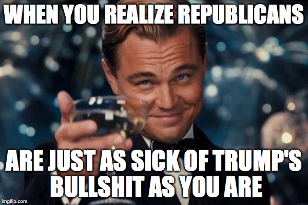 Leonardo Dicaprio Cheers | WHEN YOU REALIZE REPUBLICANS; ARE JUST AS SICK OF TRUMP'S BULLSHIT AS YOU ARE | image tagged in memes,leonardo dicaprio cheers | made w/ Imgflip meme maker